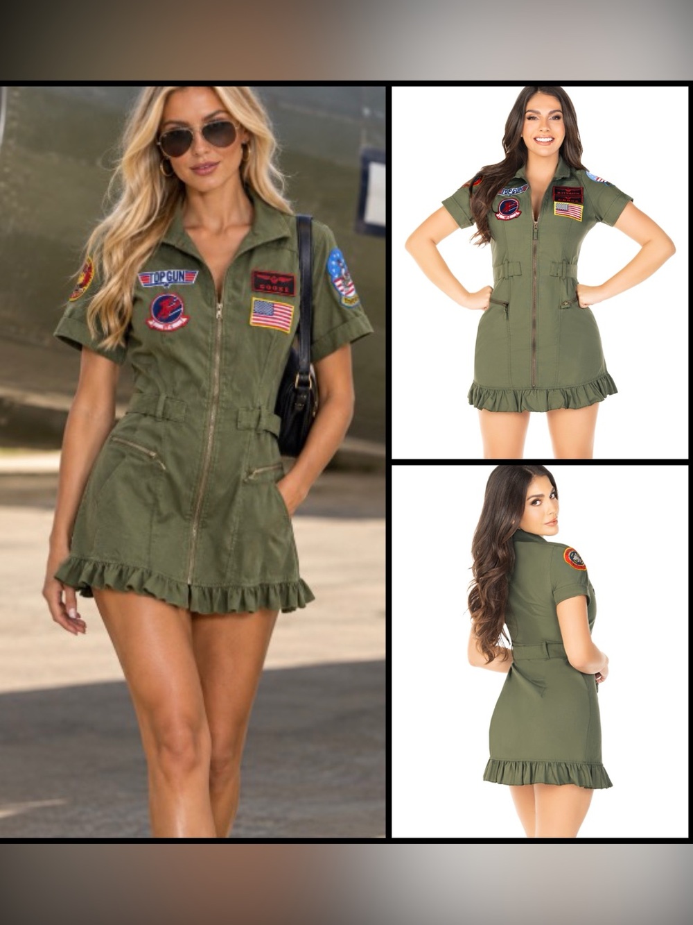 Iconic Top Gun Aviator Pilot Flight Costume Mini Dress Military Olive Green XL